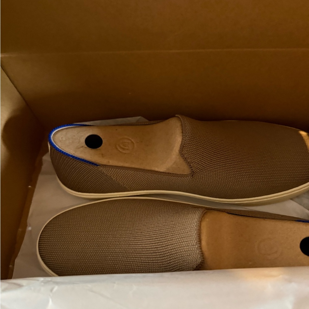 Rothy's Slip-On Sneakers in Brown with Blue Trim